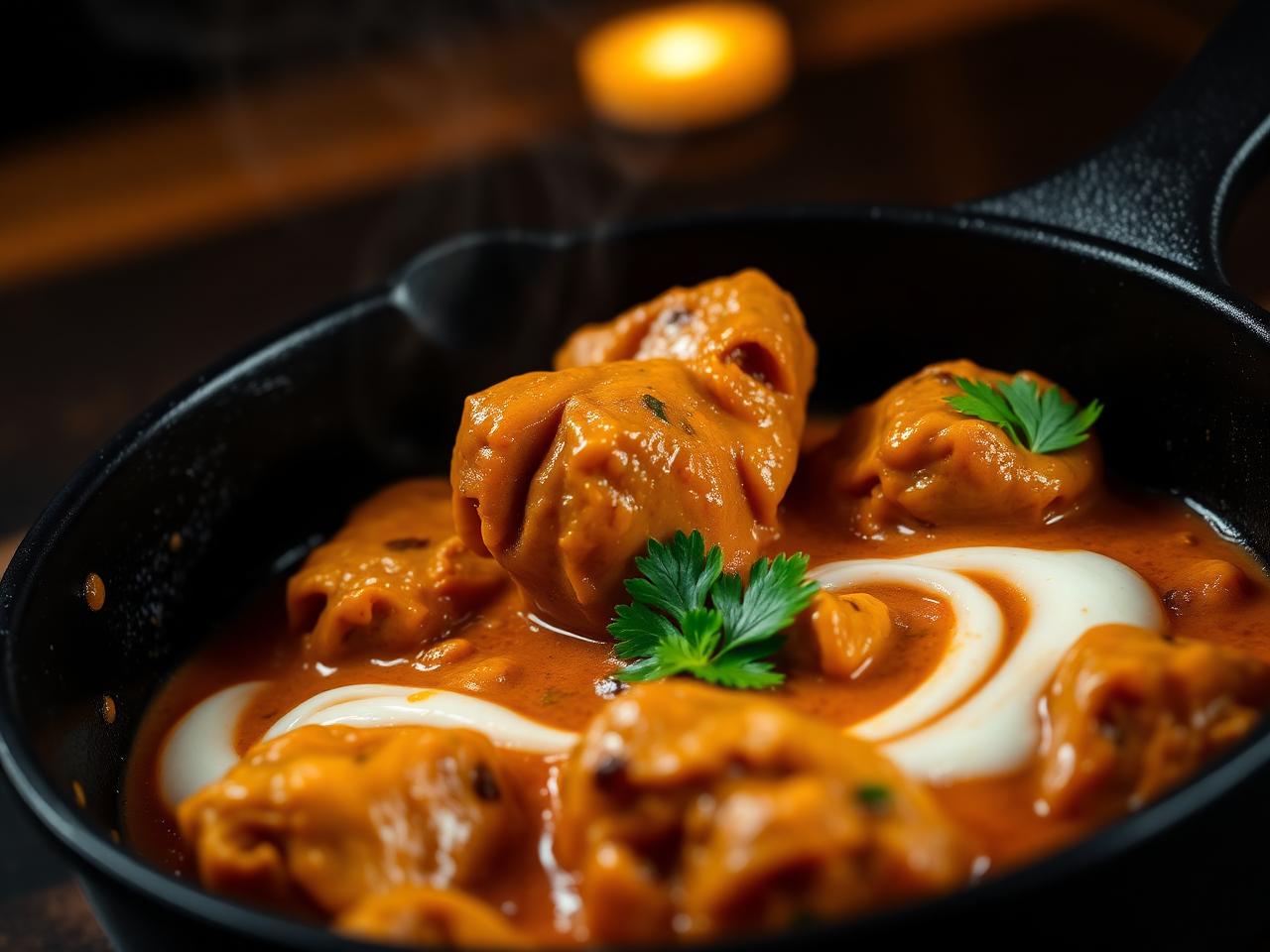 Rich butter chicken in a cast iron pan